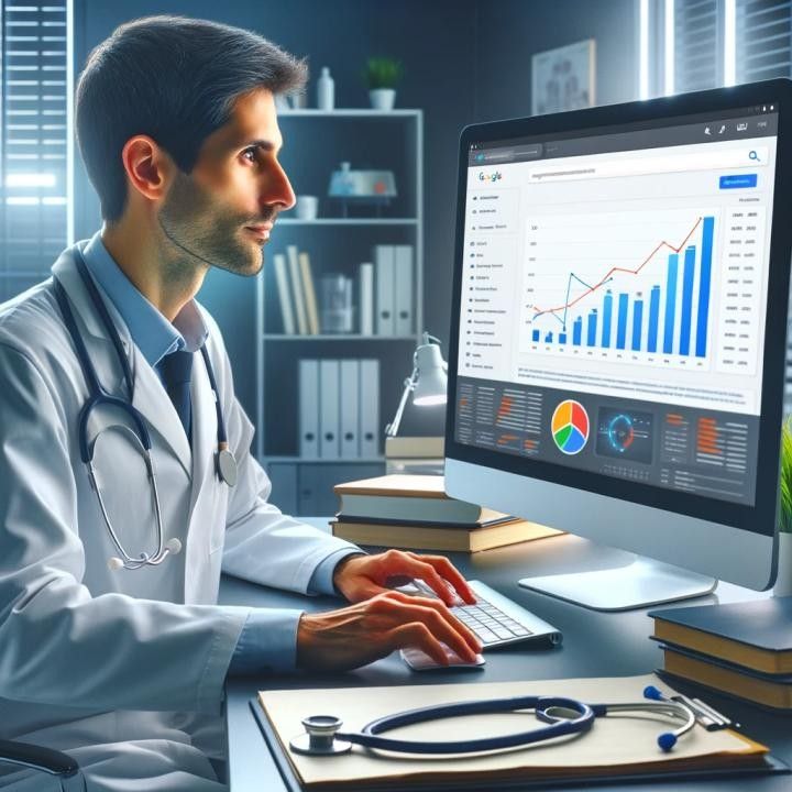 Medical SEO ROI analysis showing a healthcare professional monitoring website traffic, search rankings, and patient acquisition metrics.