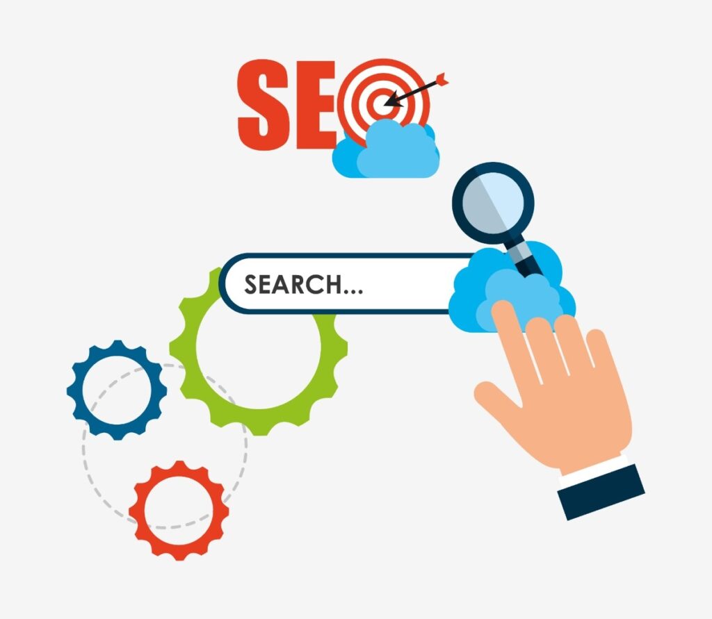 Common Medical SEO Mistakes illustrated with a search bar, magnifying glass, SEO target icon, gears, and digital optimization elements representing healthcare website search engine optimization errors.