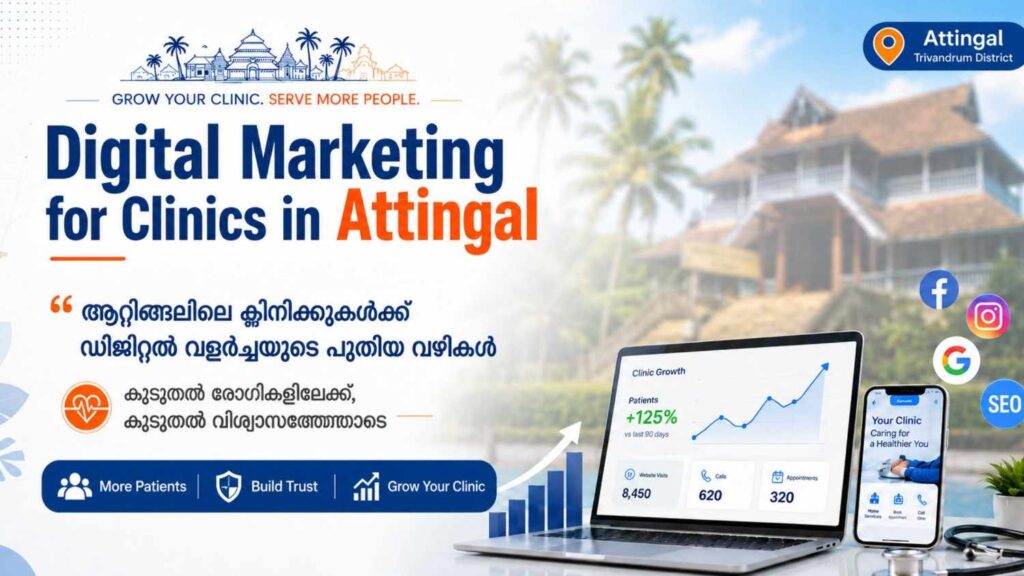 Digital Marketing for Clinics in Attingal banner with clinic growth dashboard, SEO icons, and Attingal landmark background.