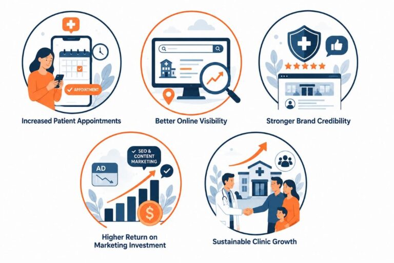 Digital Marketing for Clinics in Karunagappally infographic highlighting key benefits, including increased patient appointments, better online visibility, stronger brand credibility, higher marketing ROI, and sustainable clinic growth.