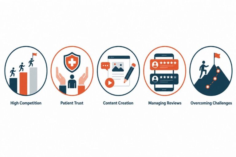 Digital Marketing for Clinics in Thiruvananthapuram infographic illustrating common healthcare marketing challenges including high competition, patient trust, content creation, review management, and business growth strategies.