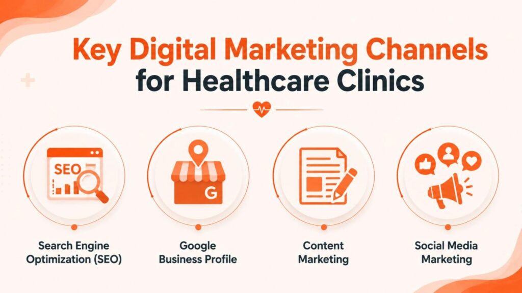 Key digital marketing channels for Digital Marketing for Clinics in Paravur infographic showing Search Engine Optimization (SEO), Google Business Profile, Content Marketing, and Social Media Marketing.