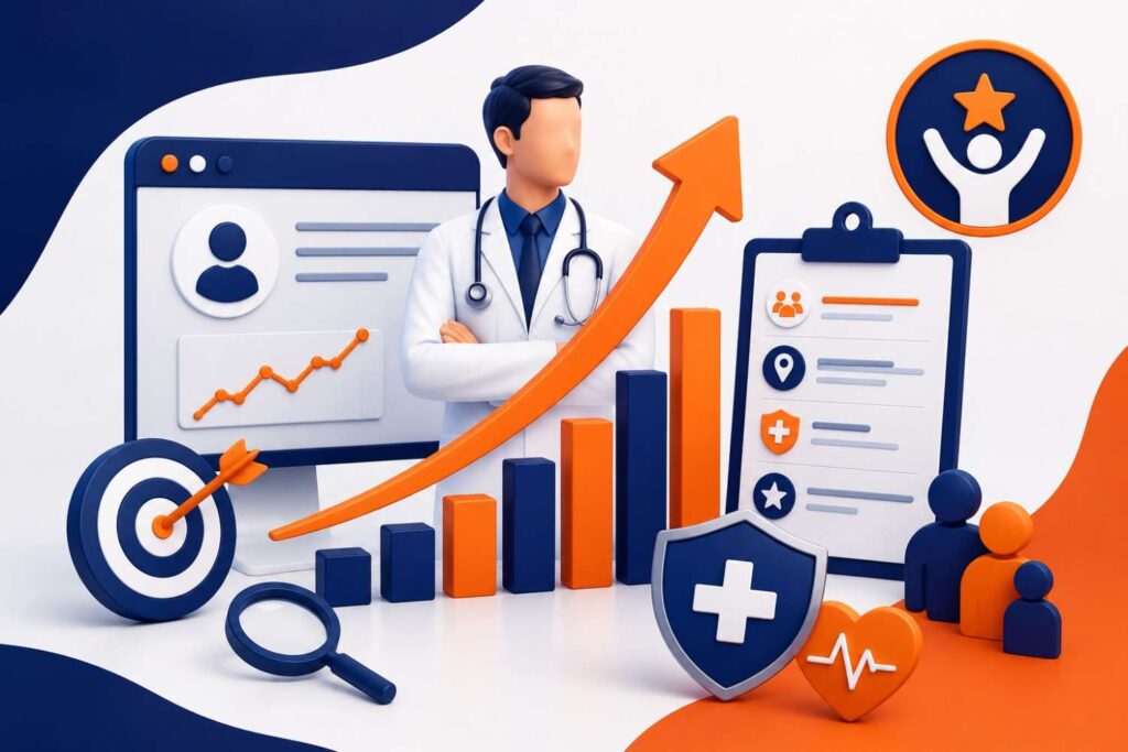 Benefits of Medical SEO illustration showing improved healthcare search visibility, patient acquisition, website traffic, and online growt