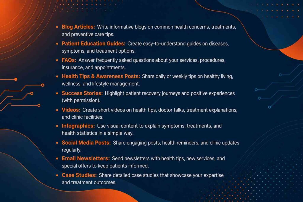 Content Marketing Ideas for Clinics infographic with blog topics, patient education, FAQs, videos, social media, and email marketing on a modern blue and orange background