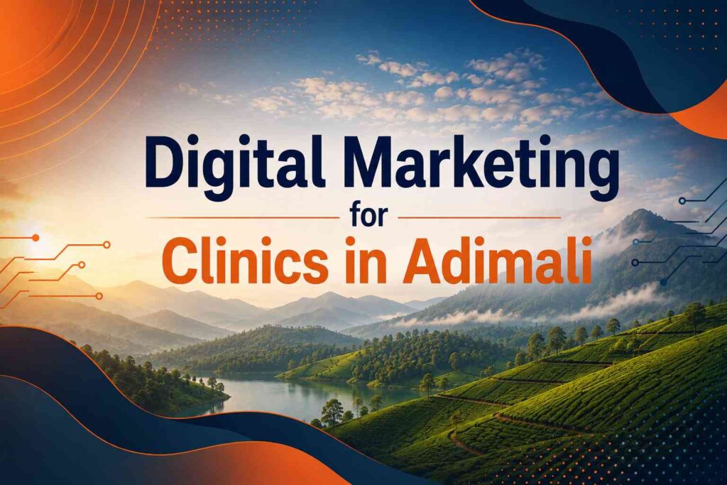 Digital Marketing for Clinics in Adimali banner with Munnar tea plantations, mountains, and modern orange-blue design