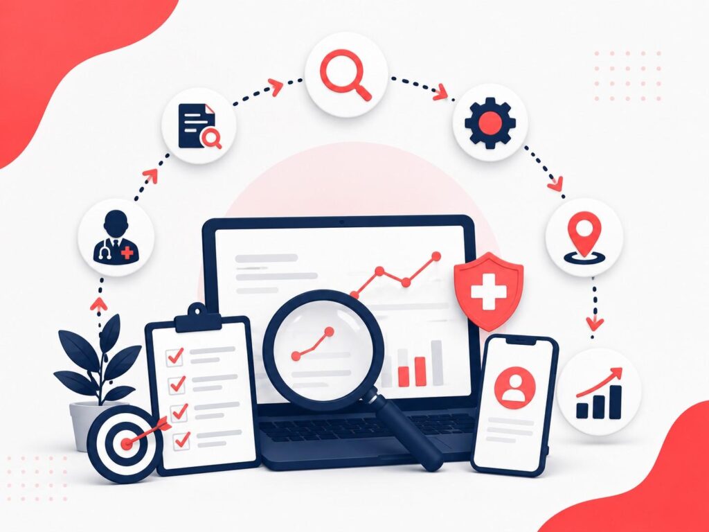 Medical SEO Process illustration showing healthcare website optimization, SEO workflow, keyword research, technical SEO, local SEO, and performance monitoring.