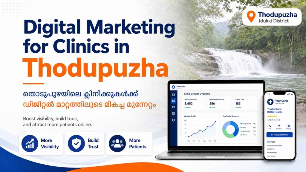 digital marketing services for clinics in Thodupuzha, featuring website analytics, mobile appointment booking, and strategies to improve online visibility and patient engagement.