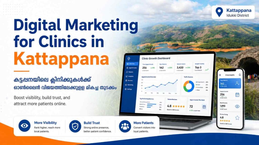 Digital Marketing for Clinics in Kattappana banner featuring clinic analytics, mobile appointment screen, and scenic Idukki hill background.