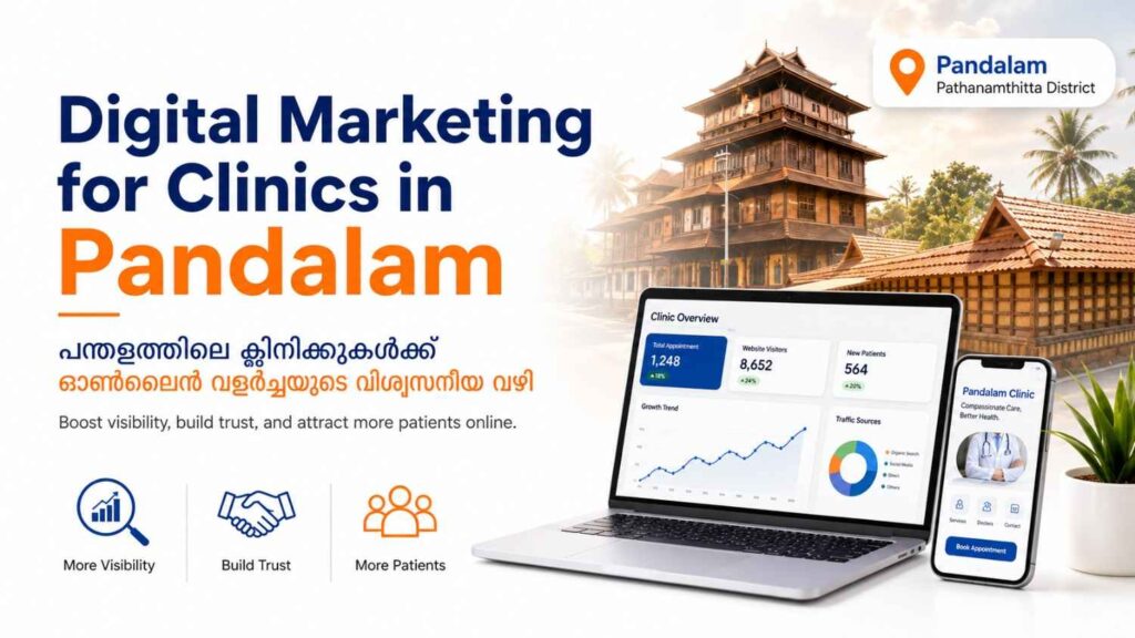 Digital Marketing for Clinics in Pandalam banner with clinic growth dashboard, Pandalam landmark background, and healthcare marketing icons.