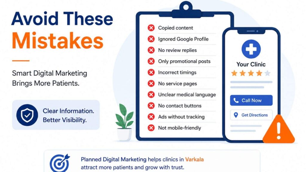 Illustration highlighting common digital marketing mistakes for clinics in Varkala, including copied content, incomplete Google Business Profile, inactive social media, missing service pages, and poor mobile optimization.