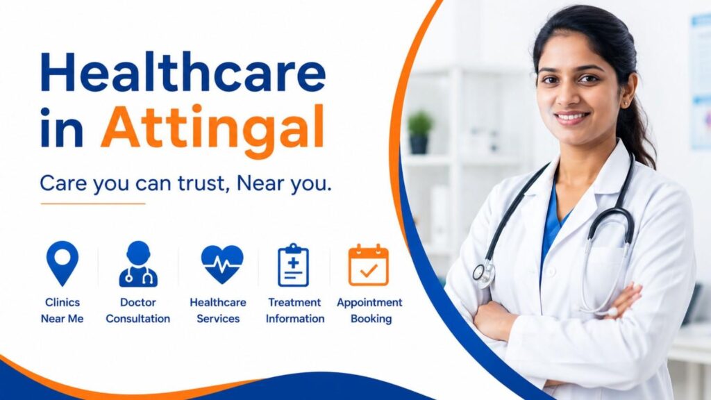Healthcare services in Attingal featuring a doctor with icons for clinics, doctor consultation, treatment information, and appointment booking.
