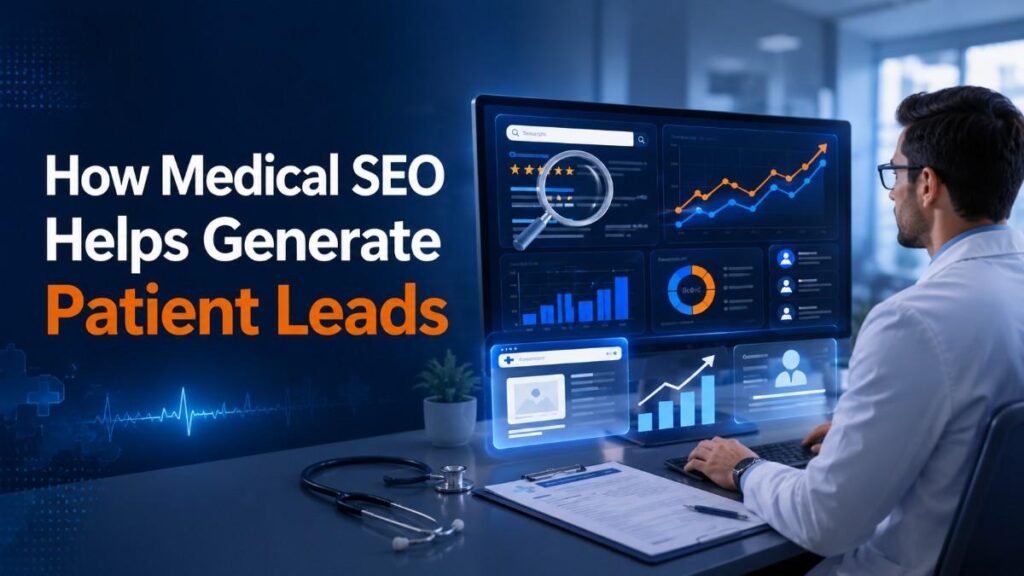 How Medical SEO Helps Generate Patient Leads banner featuring a healthcare SEO analytics dashboard, Google search rankings, keyword growth, and patient lead generation strategy.