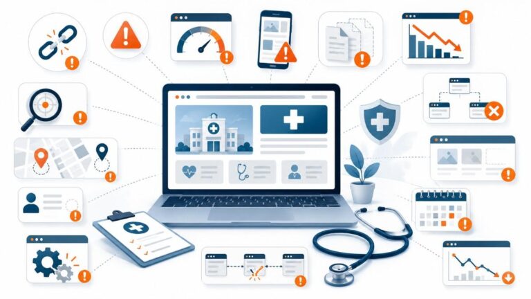 Common Medical SEO Mistakes illustration showing healthcare website optimization errors, technical SEO issues, ranking challenges, and digital marketing performance problems