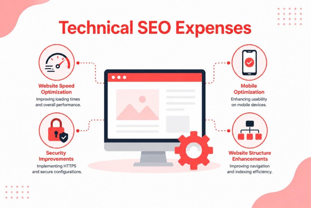 Technical SEO Expenses infographic showing website speed optimization, mobile optimization, security improvements, and website structure enhancements for healthcare SEO.