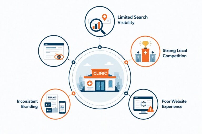 Common challenges addressed through Digital Marketing for Clinics in Kayamkulam, including search visibility, local competition, website performance, and patient trust.