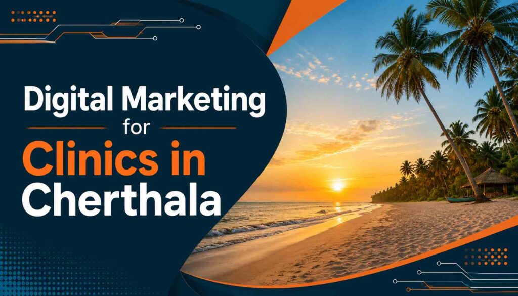 Digital Marketing for Clinics in Cherthala with Mararikulam Beach background and D Plus Connect color theme