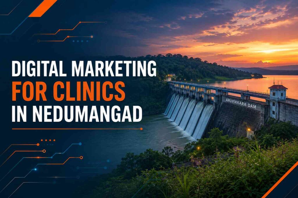 Digital Marketing for Clinics in Nedumangad banner featuring Aruvikkara Dam background with modern digital marketing design