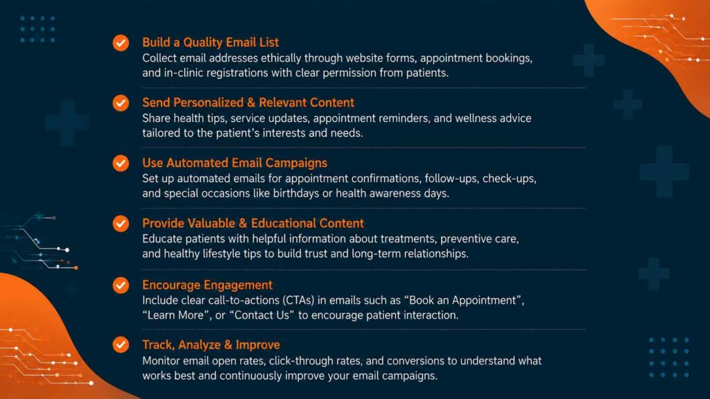 Email Marketing for Patient Engagement infographic with healthcare digital marketing tips