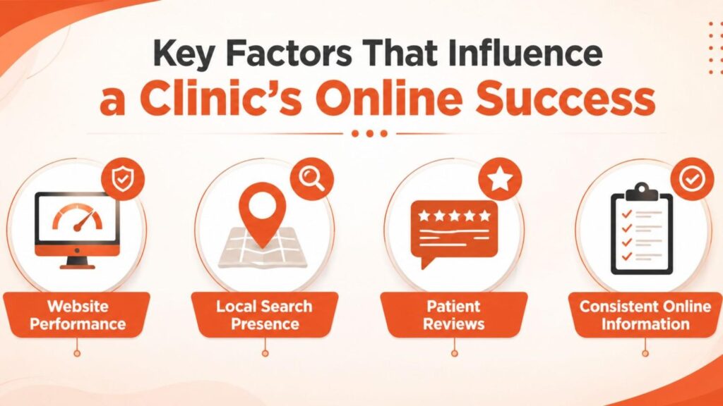 Digital Marketing for Clinics in Thiruvalla infographic illustrating the key factors that influence a clinic's online success, including website performance, local search presence, patient reviews, and consistent online information.