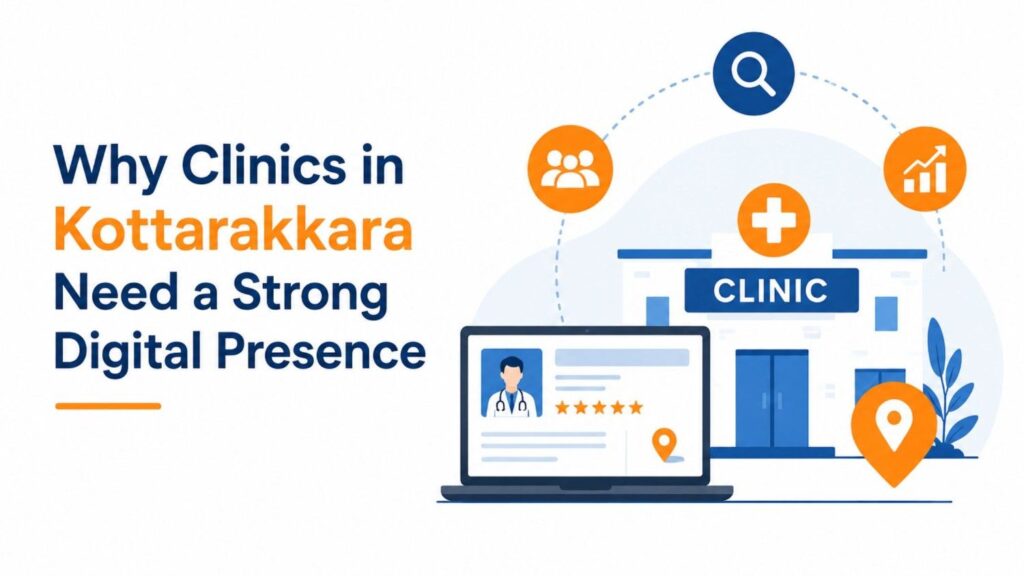 Illustration showing why clinics in Kottarakkara need a strong digital presence, featuring a clinic, laptop, and icons for online visibility, local search, patient engagement, and business growth.