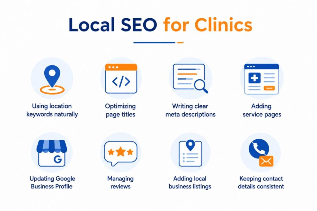 Simple infographic illustrating key local SEO strategies for clinics, including location keywords, page optimization, Google Business Profile, service pages, reviews, local listings, and consistent contact information.