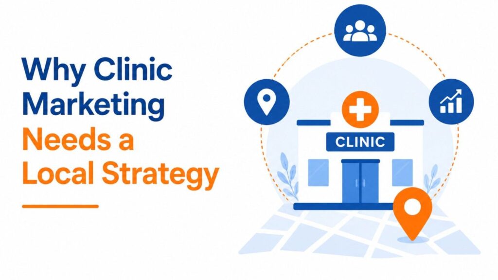 Illustration showing why clinic marketing needs a local strategy, featuring a clinic, location pin, patient icons, and digital marketing elements for local visibility.
