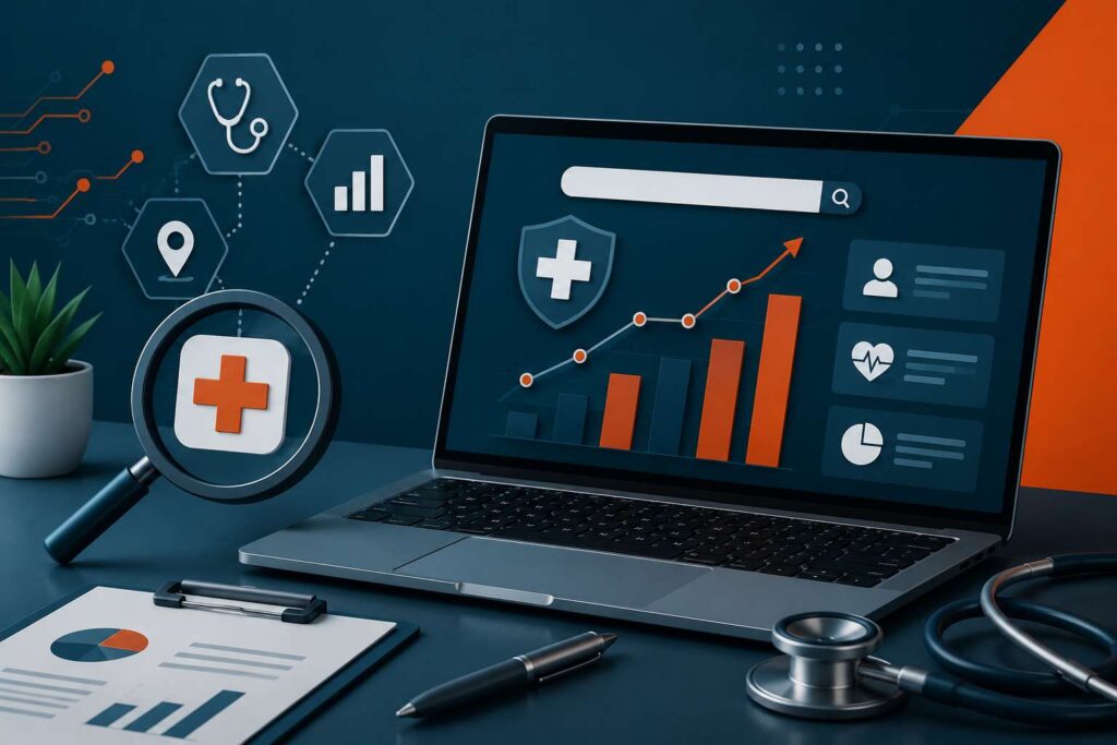 Healthcare SEO analytics dashboard with medical marketing data, search optimization tools, and digital growth metrics displayed on a laptop.