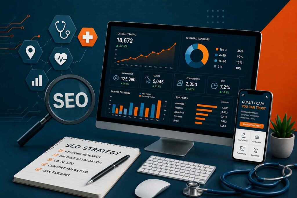 Medical SEO services dashboard showing healthcare website analytics, search performance metrics, and digital marketing optimization tools.