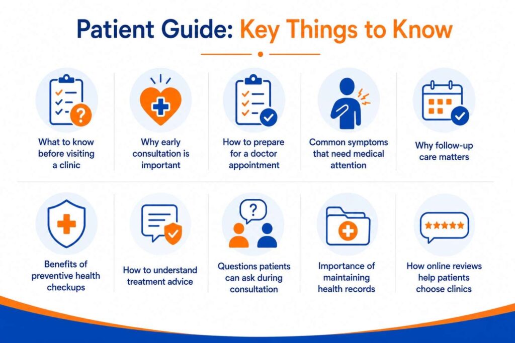 Simple healthcare infographic highlighting patient guidance topics such as preparing for a clinic visit, early consultation, preventive checkups, follow-up care, treatment advice, health records, and online reviews.
