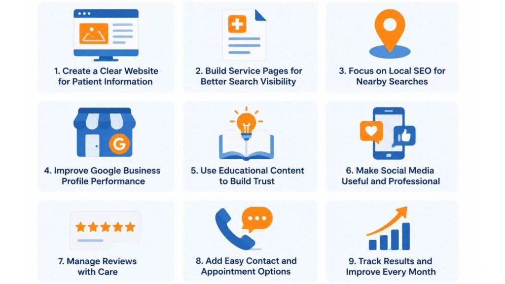 Illustration showing key digital marketing strategies for clinics in Kottarakkara, including website optimization, local SEO, Google Business Profile, educational content, social media, review management, appointment options, and performance tracking.