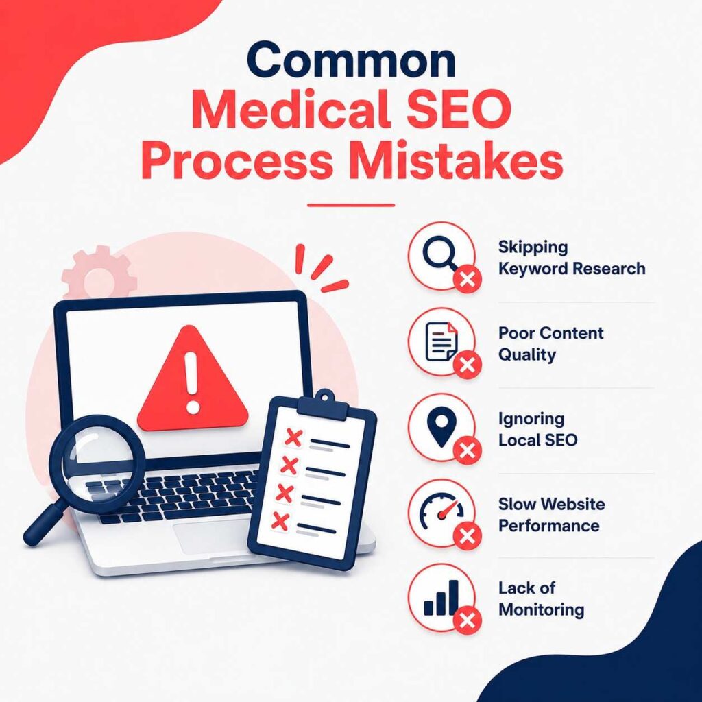 Common Medical SEO Process Mistakes infographic showing keyword research errors, poor content quality, local SEO issues, website performance problems, and lack of SEO monitoring.