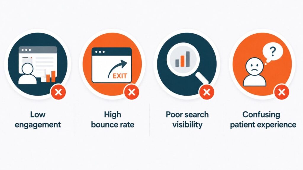 Minimal infographic highlighting the negative effects of poor website structure, including low engagement, high bounce rate, poor search visibility, and confusing patient experience.