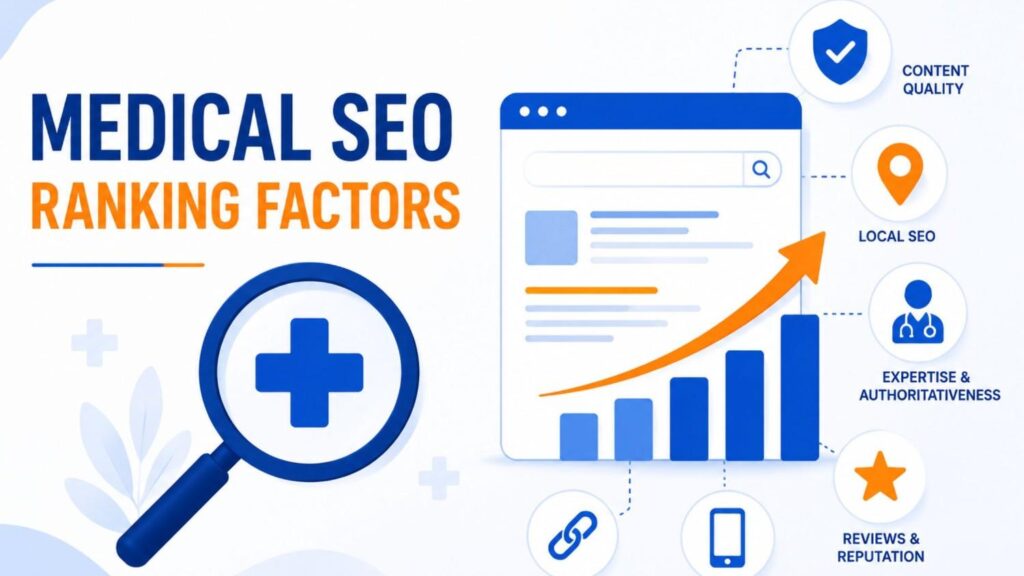 Medical SEO Ranking Factors illustration showing content quality, local SEO, expertise, reviews, backlinks, and mobile friendliness.