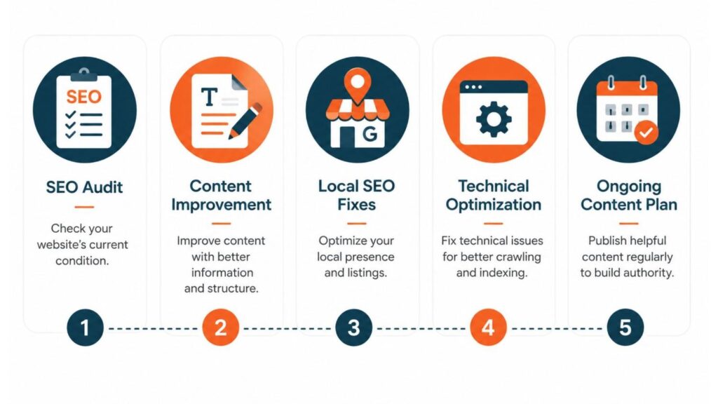 SEO process infographic showing five key steps: SEO audit, content improvement, local SEO fixes, technical optimization, and ongoing content planning.