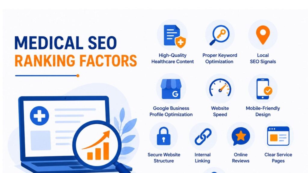 Medical SEO Ranking Factors illustration showing healthcare content, keyword optimization, local SEO signals, website speed, mobile design, internal linking, reviews, and service pages.