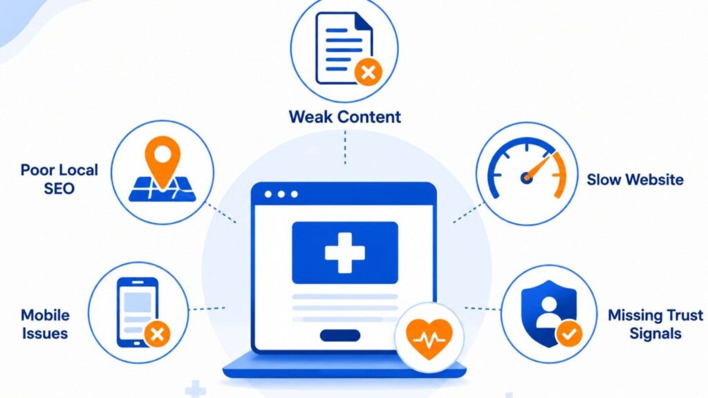 Medical SEO issues illustration showing poor local SEO, weak content, slow website speed, mobile issues, and missing trust signals.