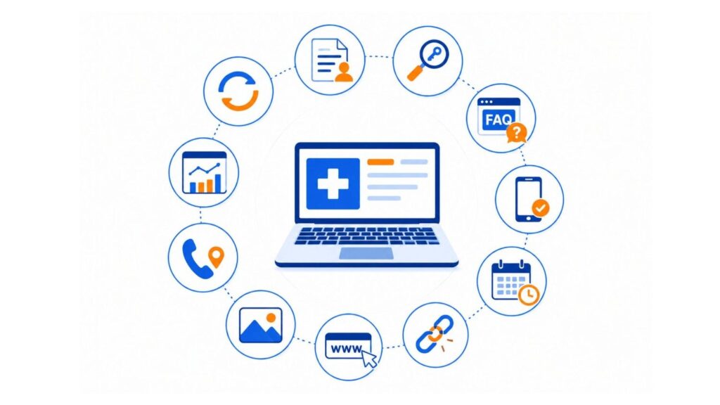 Healthcare SEO optimization illustration showing website updates, keyword research, FAQs, mobile optimization, local contact details, images, URLs, and internal links.
