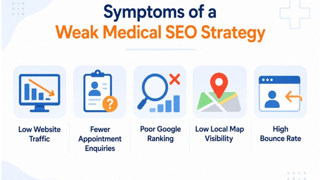 Illustration showing the symptoms of a weak medical SEO strategy, including low website traffic, fewer appointment enquiries, poor Google ranking, low local map visibility, and a high bounce rate.