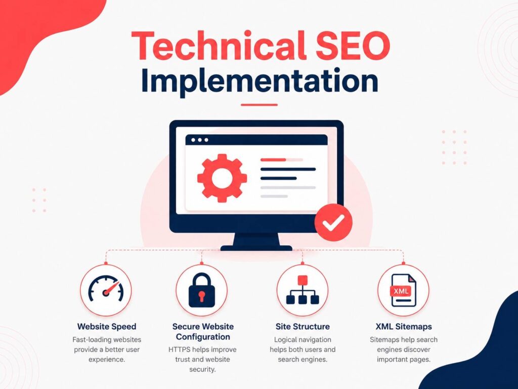 Technical SEO Implementation infographic showing website speed optimization, secure website configuration, site structure, and XML sitemaps for healthcare SEO.