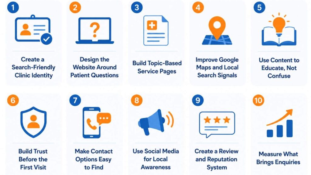 Infographic illustrating key digital marketing strategies for clinics in Anchal, including clinic identity, patient-focused websites, service pages, local SEO, educational content, trust building, contact options, social media, review management, and performance tracking.
