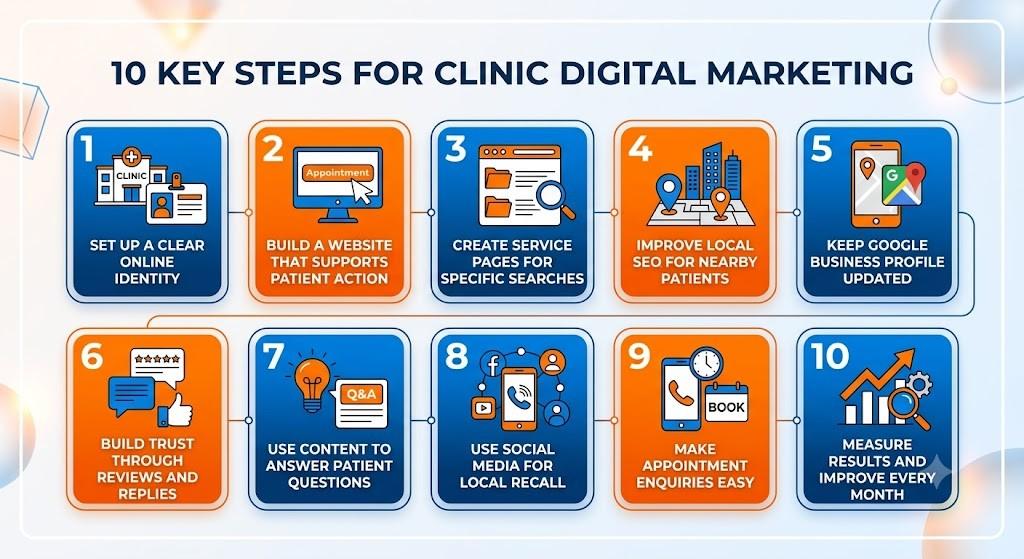 Infographic presenting 10 key steps for digital marketing for clinics, including online identity, website optimization, service pages, local SEO, Google Business Profile, review management, patient-focused content, social media, appointment enquiries, and performance tracking, using a blue, orange, and white design.