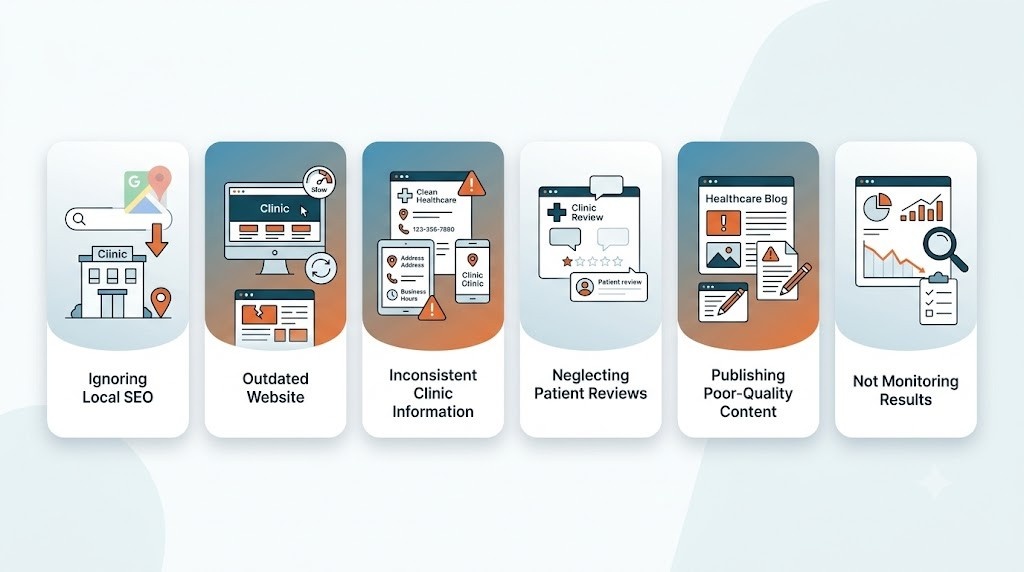 Digital Marketing for Clinics in Koduvayur illustration highlighting common digital marketing mistakes, including ignoring local SEO, using an outdated website, inconsistent clinic information, neglecting patient reviews, publishing poor-quality content, and not monitoring marketing results.