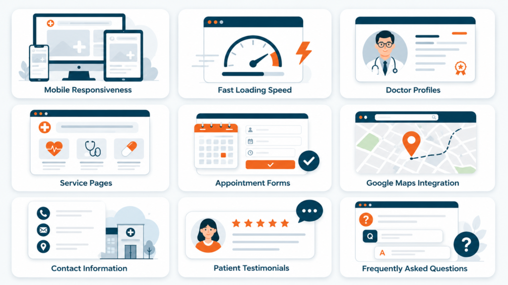 Digital Marketing for Clinics in Kondotty illustration showcasing essential clinic website features, including mobile responsiveness, fast loading speed, doctor profiles, service pages, appointment forms, Google Maps integration, contact information, patient testimonials, and frequently asked questions.