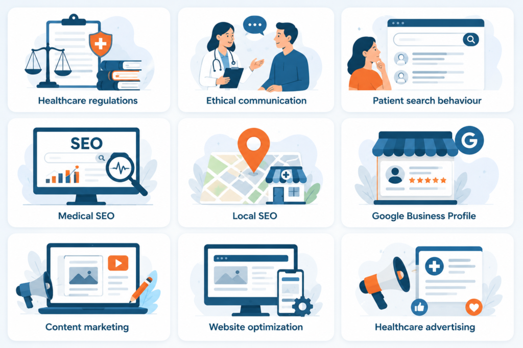 Digital Marketing for Clinics in Kondotty illustration featuring healthcare regulations, ethical communication, patient search behaviour, medical SEO, local SEO, Google Business Profile, content marketing, website optimization, and healthcare advertising.
