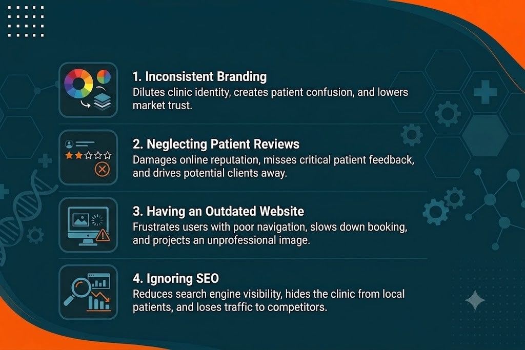 Infographic showing common digital marketing mistakes clinics should avoid with a dark teal and orange professional background.