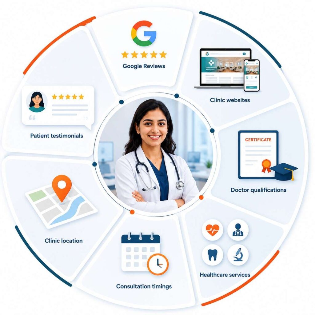 Digital Marketing for Clinics in Feroke illustration featuring Google reviews, clinic websites, doctor qualifications, healthcare services, consultation timings, clinic location, and patient testimonials to help patients choose the right healthcare provider.