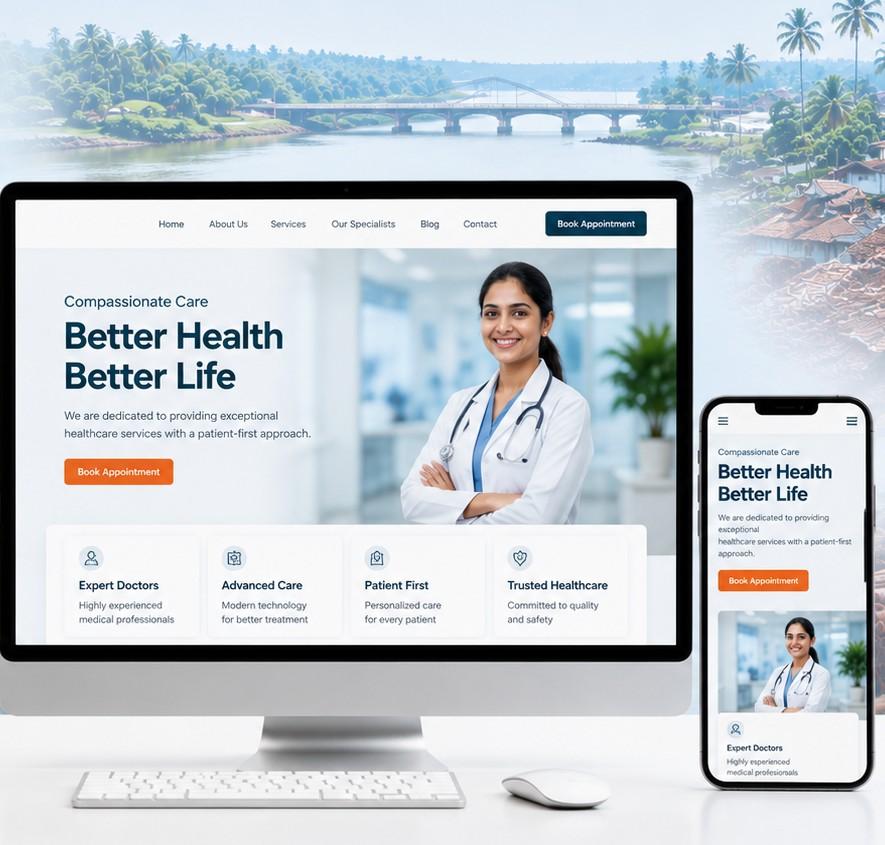 Digital Marketing for Clinics in Feroke banner featuring a healthcare professional with responsive clinic website mockups on desktop and mobile devices.