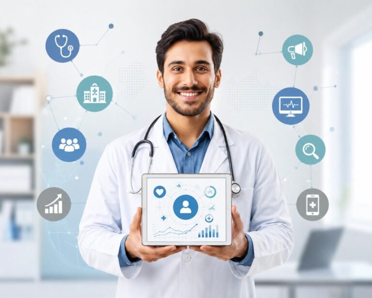 Digital Marketing for Clinics in Iritty showcasing a healthcare professional using digital technology to improve clinic visibility, patient engagement, and online growth.