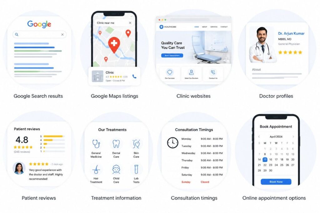 Digital Marketing for Clinics in Iritty illustration showing the online patient journey, including Google Search results, Google Maps listings, clinic websites, doctor profiles, patient reviews, treatment information, consultation timings, and online appointment options.