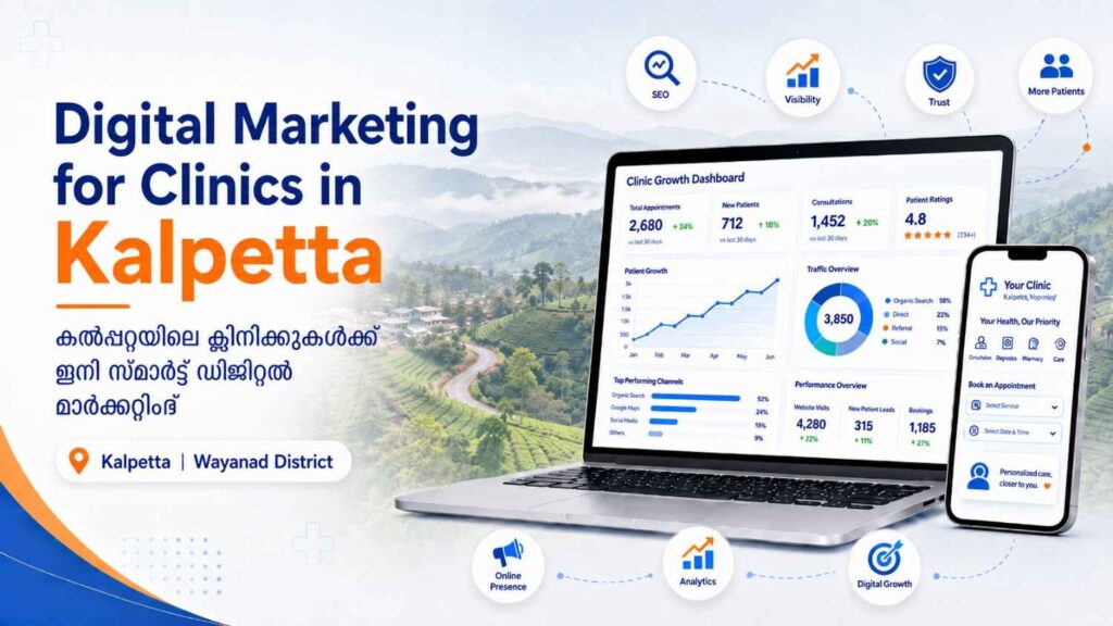 Digital Marketing for Clinics in Kalpetta banner with Wayanad hill background, clinic growth dashboard, mobile appointment screen, and healthcare marketing icons.